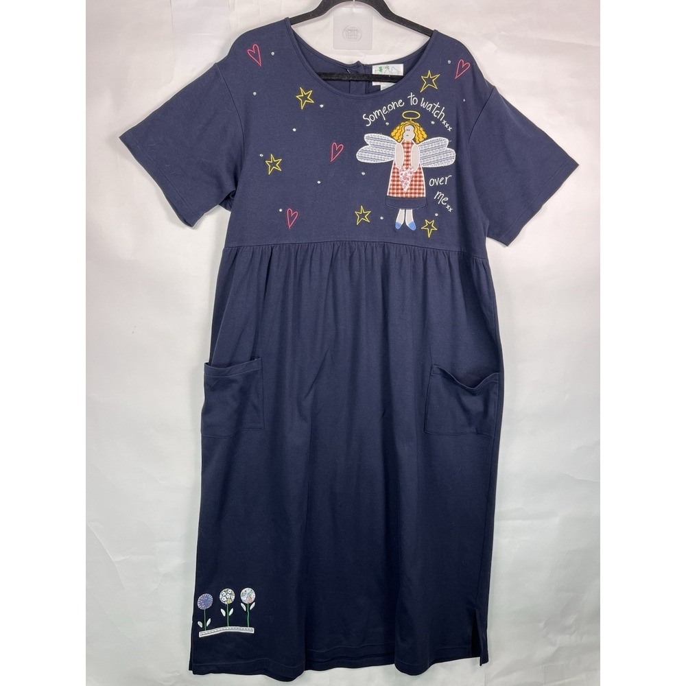 Quacker Factory Maxi Dress Large Navy Angel Flowers‎ Embroidered Pockets